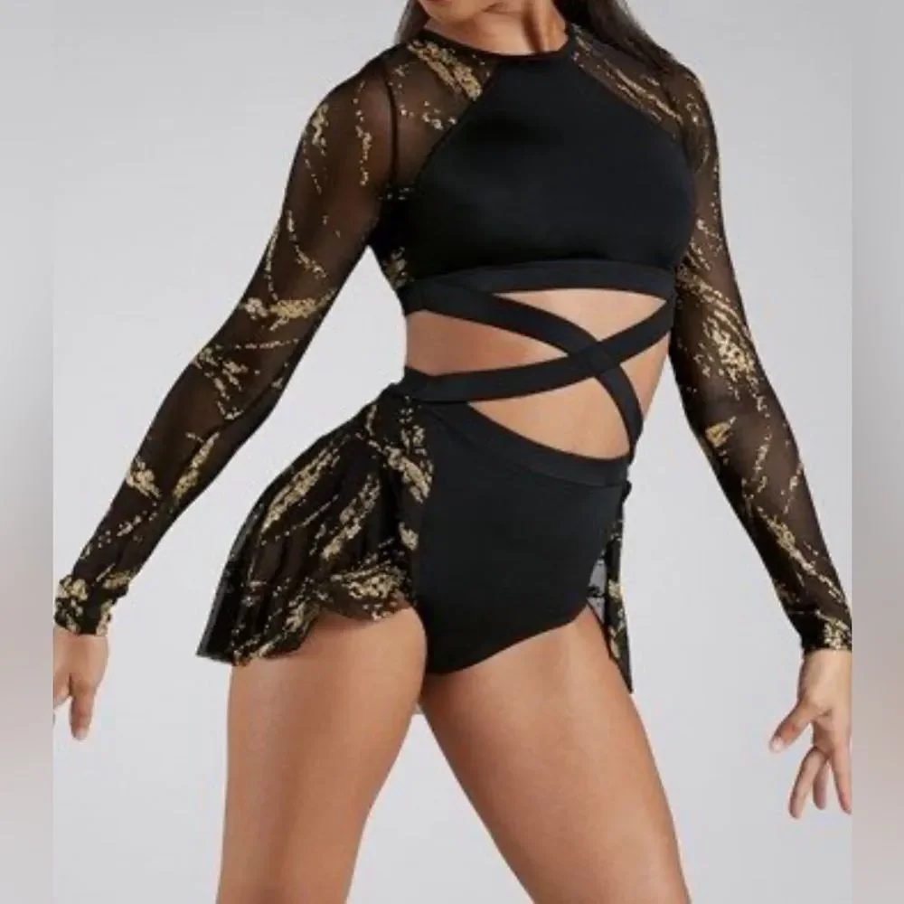 Weissman elite dance costume black gold Glitter Brush Mesh Dress D11680 MA adult